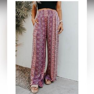 Smocked print wide leg pants